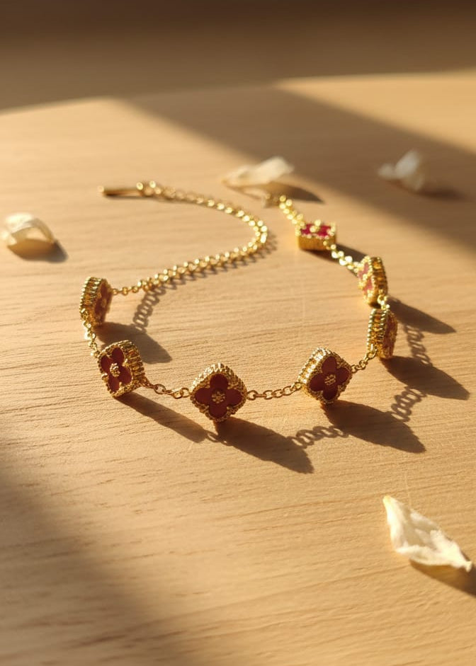 18K Gold Plated Ruby Enamel Floral Bracelet