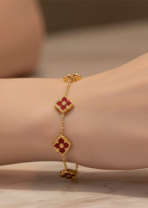 18K Gold Plated Ruby Enamel Floral Bracelet