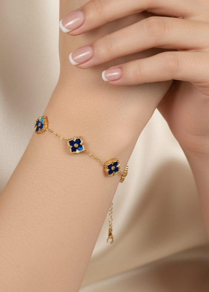 18K Gold Plated Blue Enamel Floral Bracelet