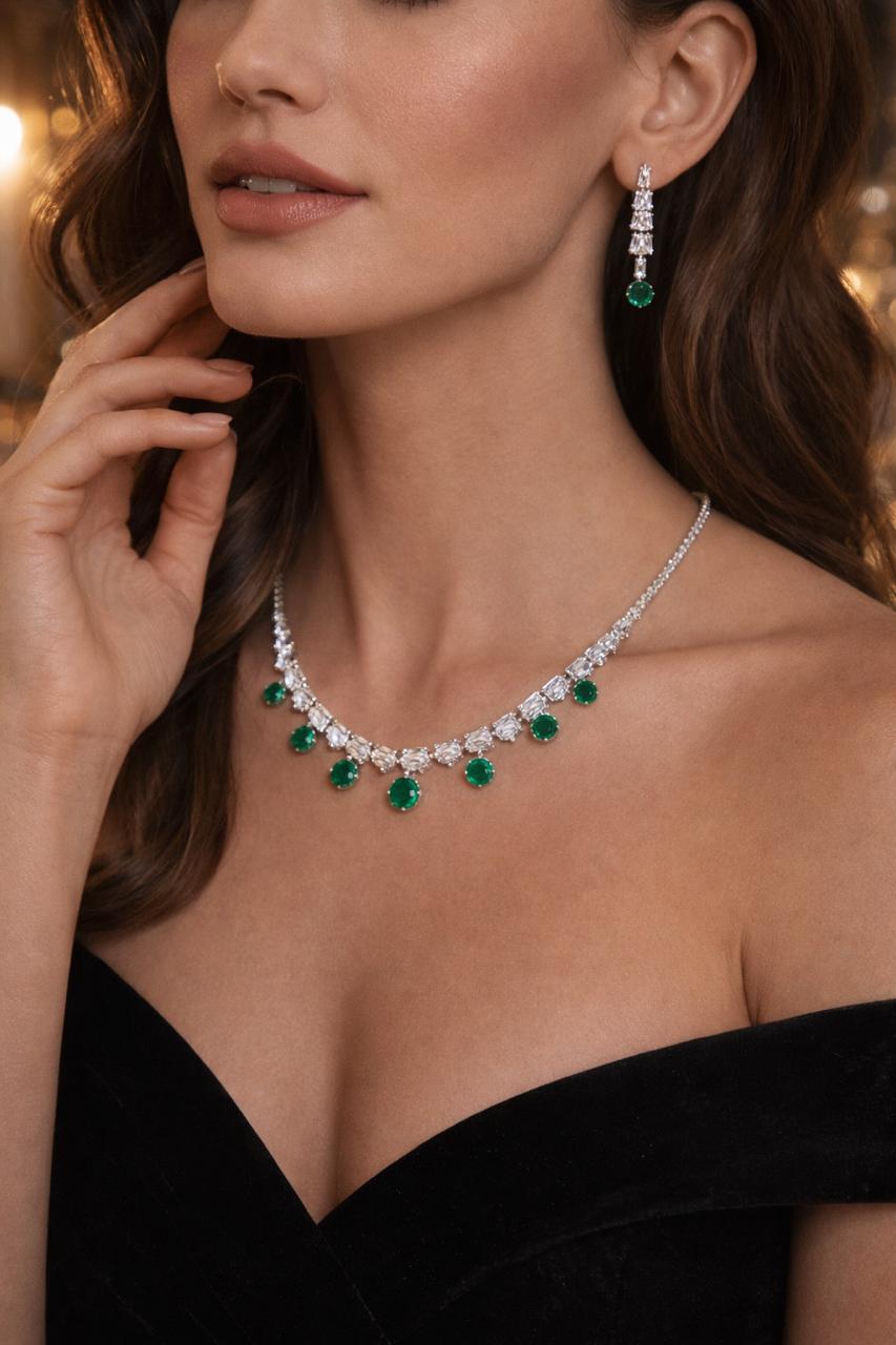 Emerald Green Diamond Necklace Set with Earrings