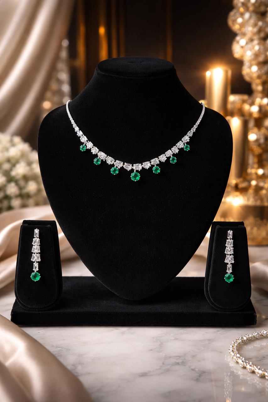 Emerald Green Diamond Necklace Set with Earrings