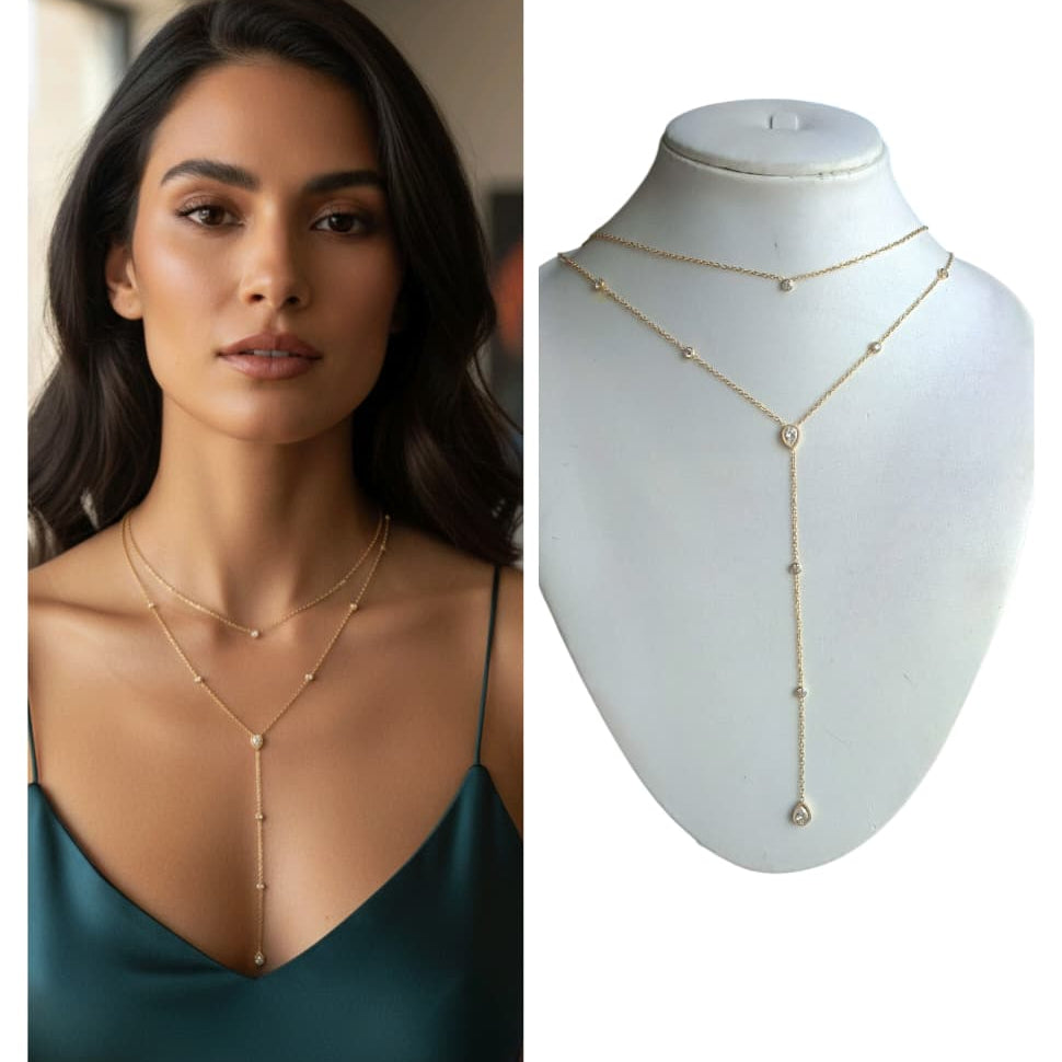 Anti-Tarnish Two Layered Solitaire Drop Necklace