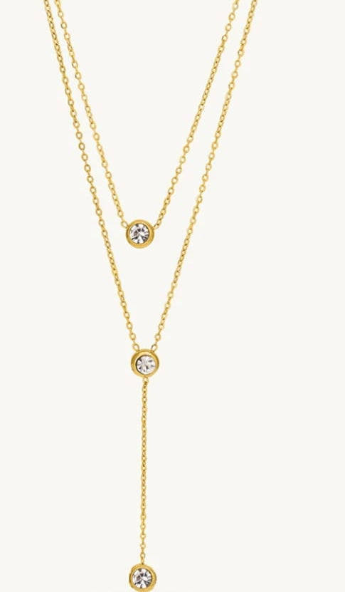 18K Gold Plated Anti-Tarnish Two Layered Solitaire Drop Necklace