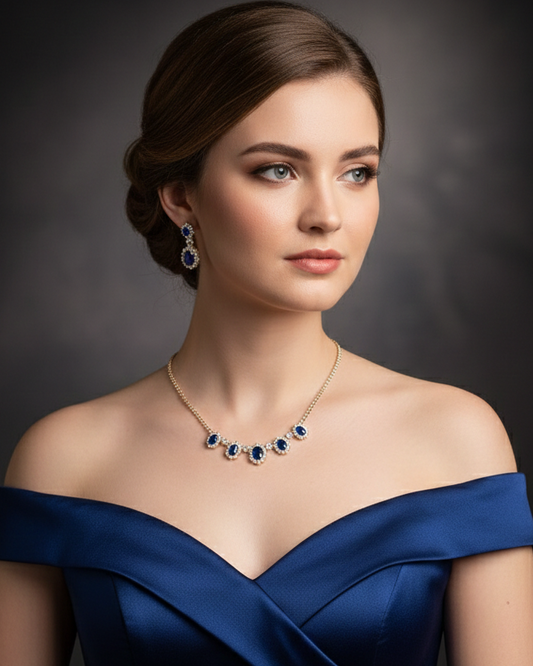 Royal Blue Sapphire Pendant Necklace and Drop Earring Set in 18K Gold Finish