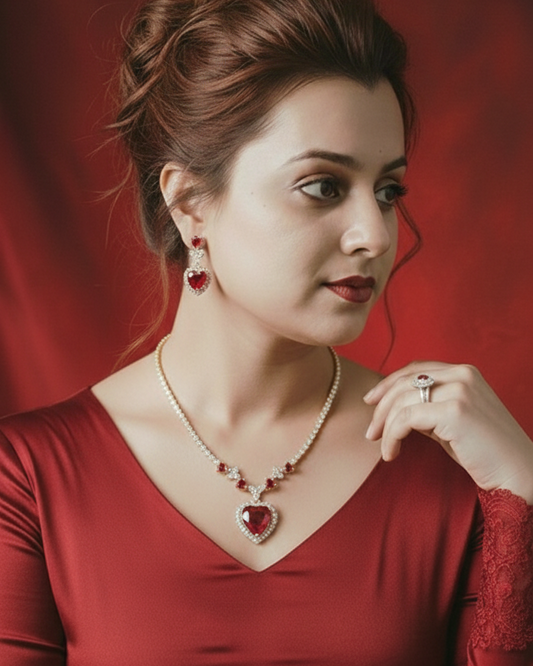 Premium Anti-Tarnish Ruby
Red Heart Tennis Necklace & Earring Set
