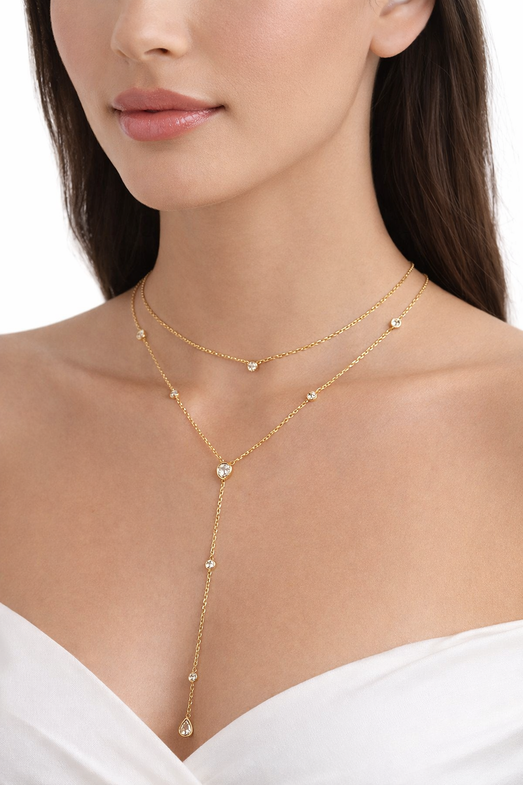 Anti-Tarnish Two Layered Solitaire Drop Necklace