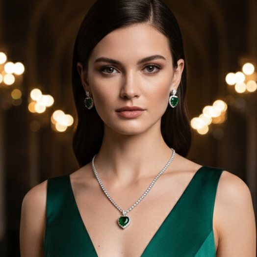 Emerald Green Heart Pendant & Earring