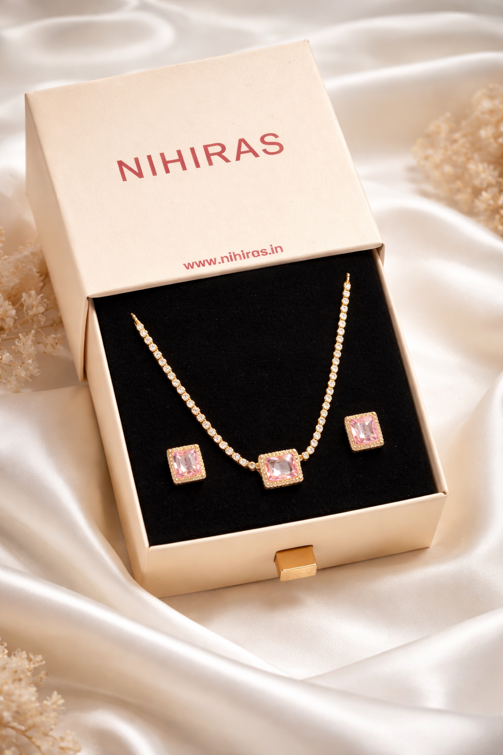 Blush Pink Diamond Tennis Necklace Set (18K Gold Plated)