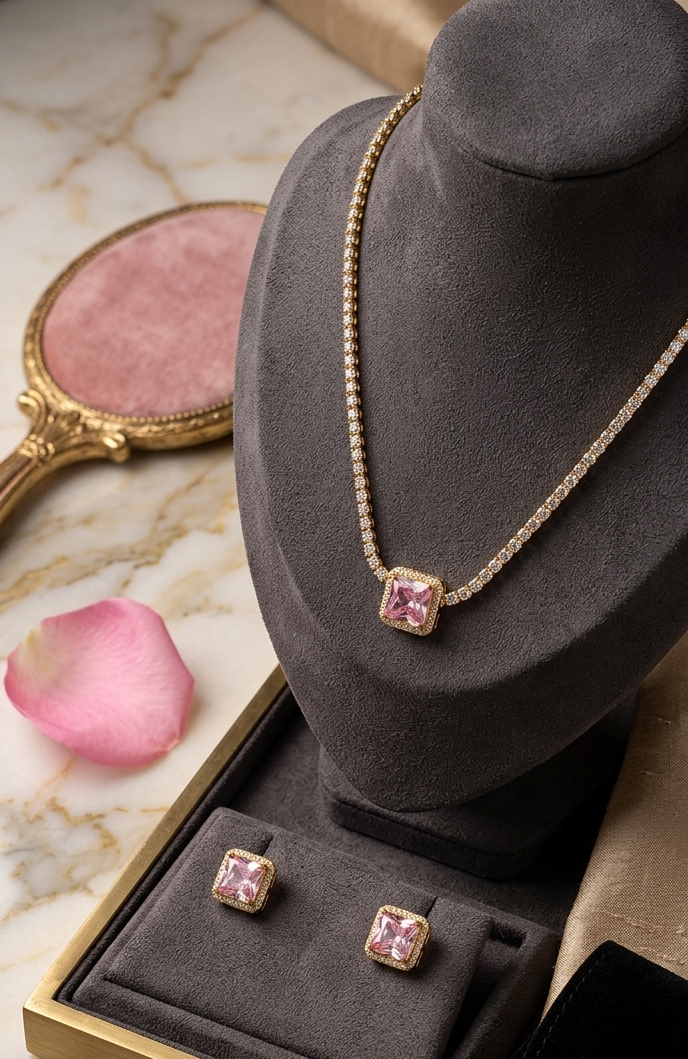 Blush Pink Diamond Tennis Necklace Set (18K Gold Plated)