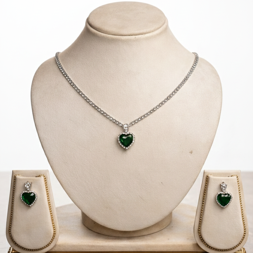 Emerald Green Heart Pendant & Earring