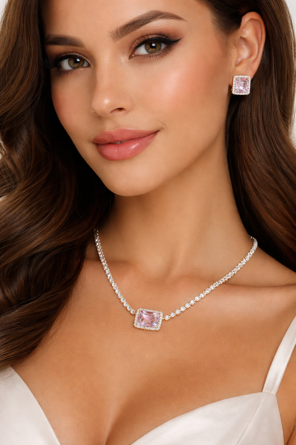 Blush Pink Diamond Tennis Necklace Set (18K Gold Plated)