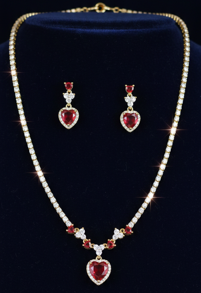 Premium Anti-Tarnish Ruby
Red Heart Tennis Necklace & Earring Set