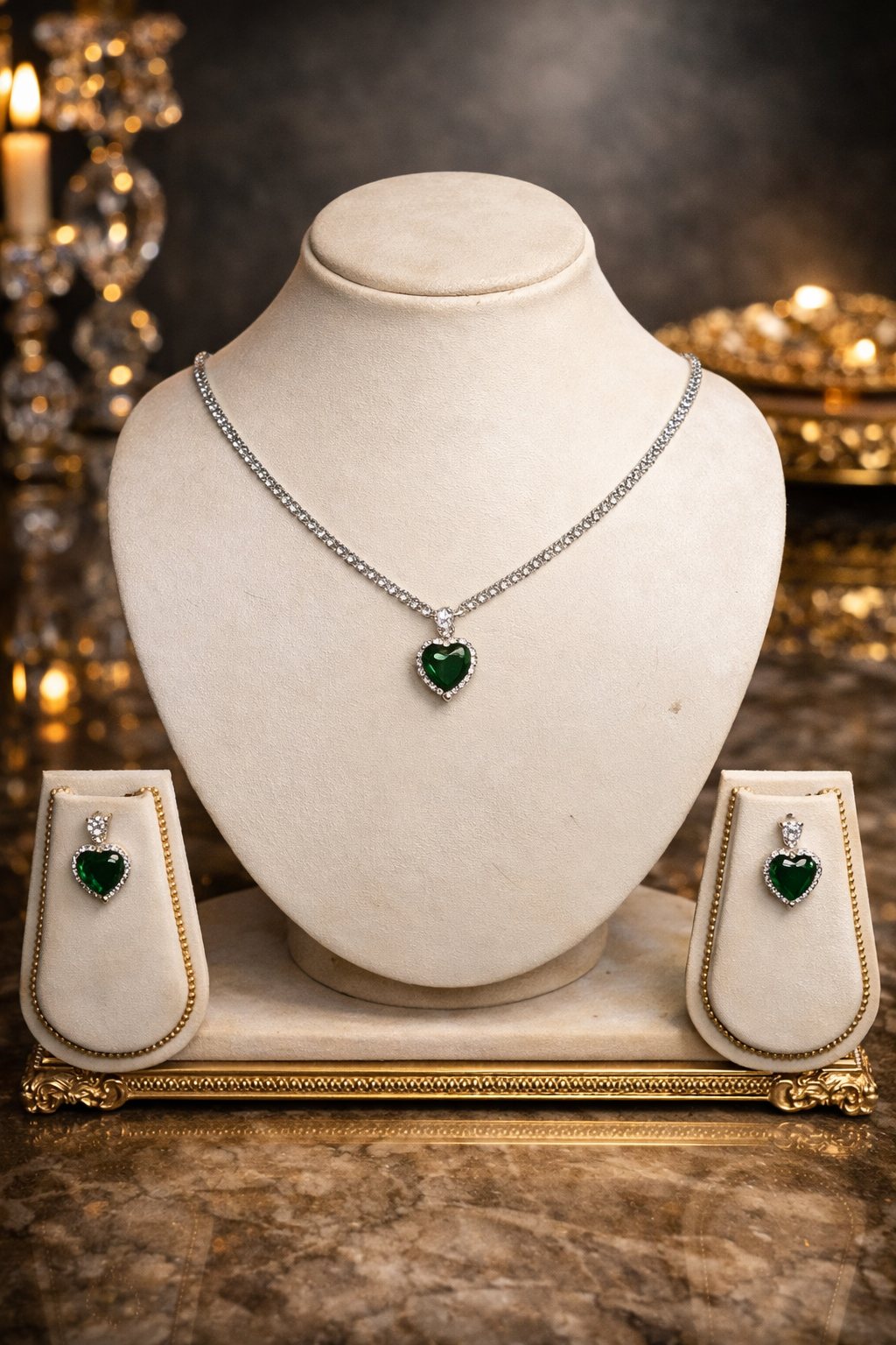 Emerald Green Heart Pendant & Earring