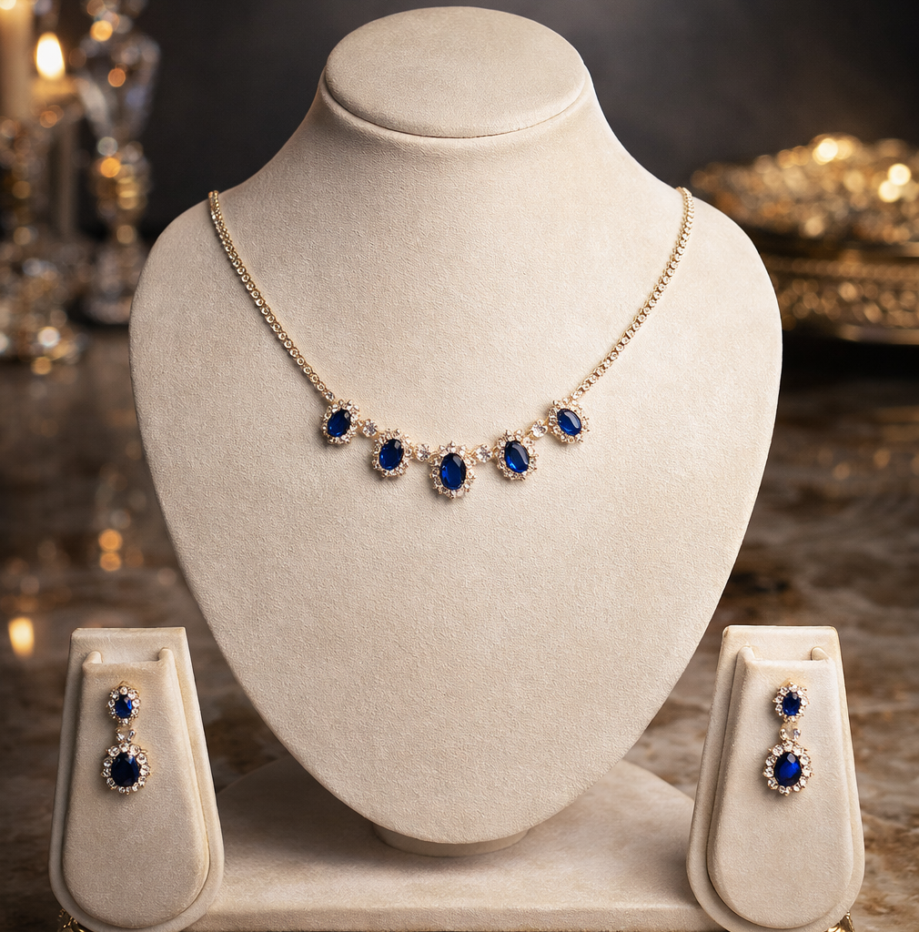 Royal Blue Sapphire Pendant Necklace and Drop Earring Set in 18K Gold Finish
