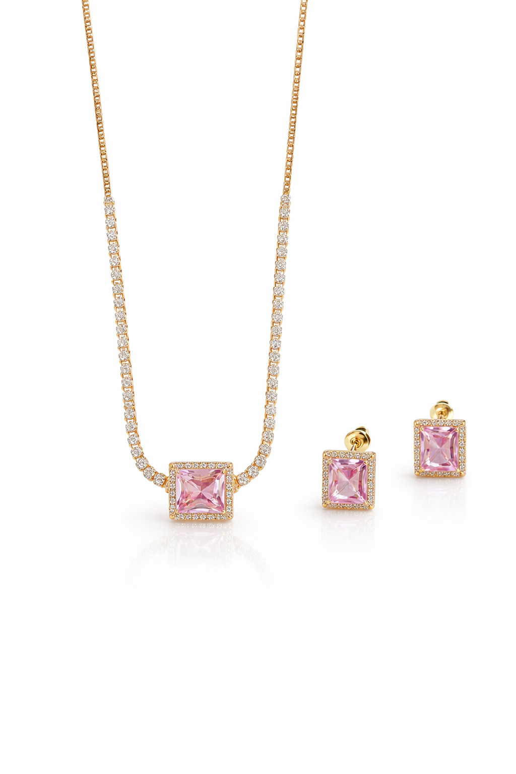 Blush Pink Diamond Tennis Necklace Set (18K Gold Plated)