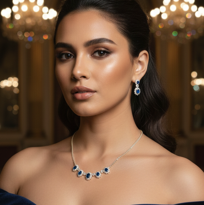 Royal Blue Sapphire Pendant Necklace and Drop Earring Set in 18K Gold Finish