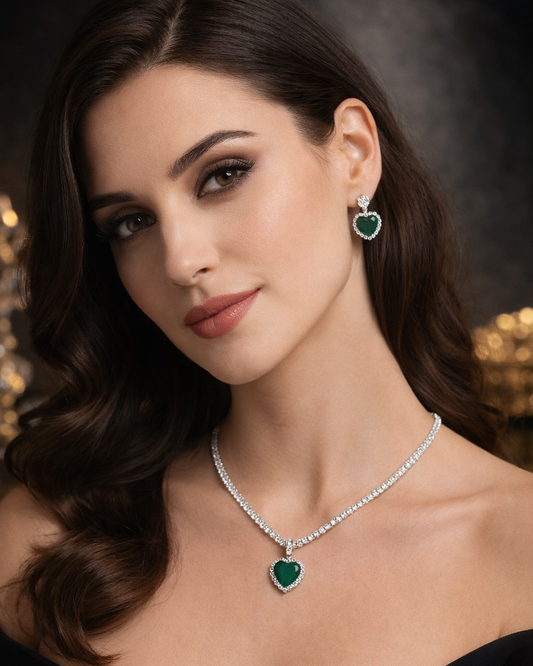 Emerald Green Heart Pendant & Earring