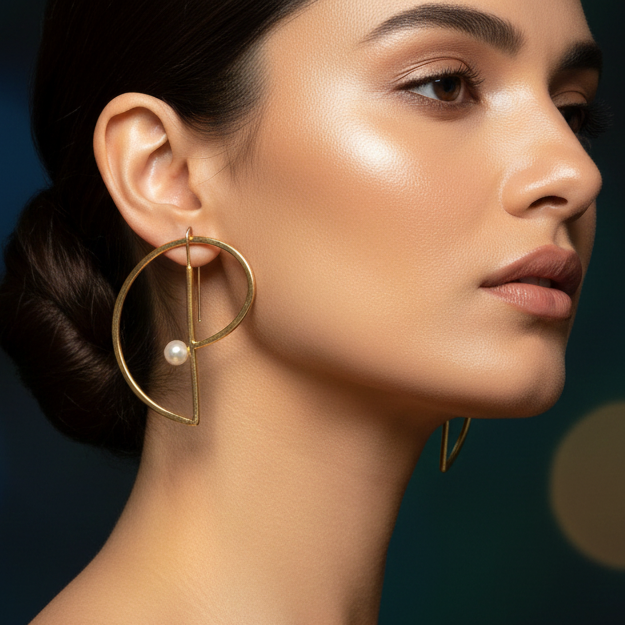 Golden Brass Pearl Statement Earrings