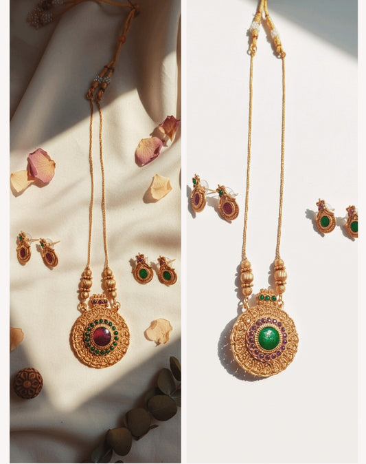 Green & Red Dual tone Long antique necklace set